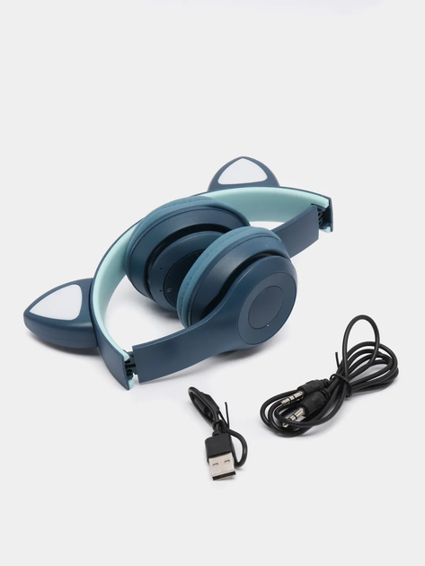 Беспроводные Bluetooth наушники с кошачьими ушками полноразмерные CAT-ear CEP47-M с LED подсветкой и MicroSD, microUSB, AUX Blue - изображение 6