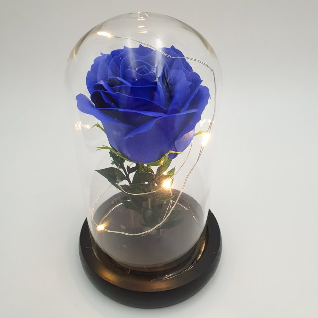Троянда в колбі під скляним куполом яскрава з підсвічуванням Rose of Love LED стабілізована квітка вічна троянда 16см Blue + Кулон "Я Люблю Тебе" ста мовами світу - зображення 3