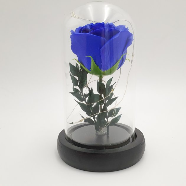 Троянда в колбі під скляним куполом яскрава з підсвічуванням Rose of Love LED стабілізована квітка вічна троянда 16см Blue + Кулон "Я Люблю Тебе" ста мовами світу - зображення 5