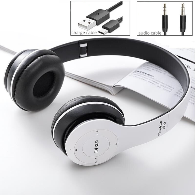 Бездротові навушники Bluetooth Wireless Headset MDR P47 Black Гарнітура для ПК, телефону з мікрофоном - microSD, FM White - зображення 7