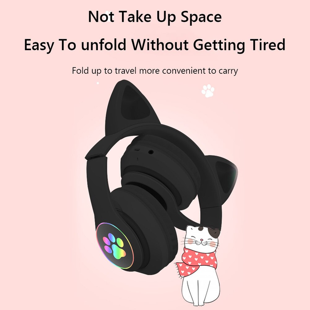 Наушники c кошачьими ушками CAT BL 4.2 c RGB подсветкой и MP3 плеером MicroSD, FM Черные - изображение 2