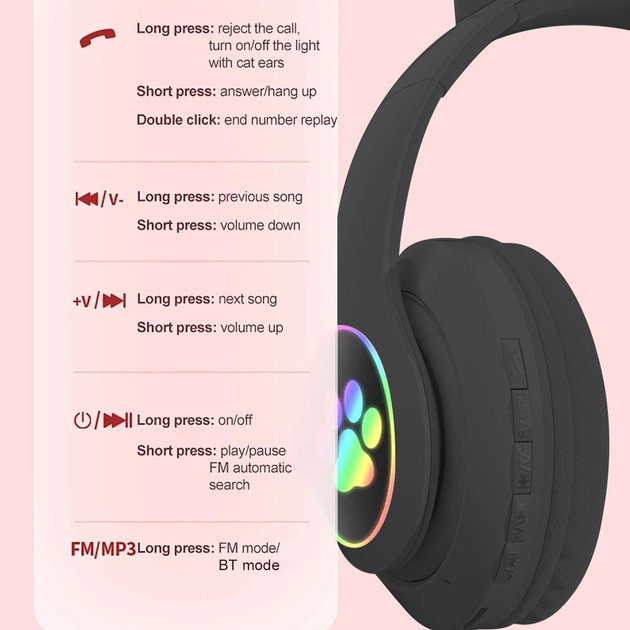 Наушники c кошачьими ушками CAT BL 4.2 c RGB подсветкой и MP3 плеером MicroSD, FM Черные - изображение 4