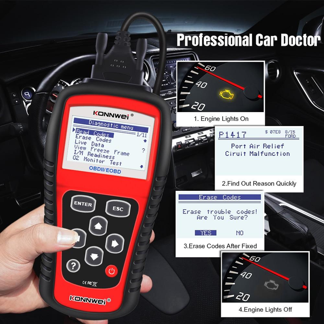 Автомобільний універсальний діагностичний сканер Konnwei OBDII/EOBD scanner 808KWHS для авто 1996-2021 року з чохлом та сумкою - зображення 4