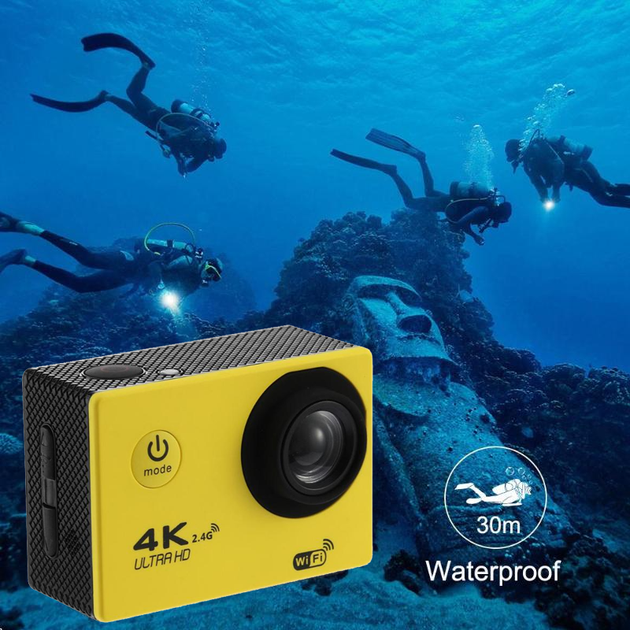Экшн камера с аквабоксом для подводной съемки и креплениями Action Camera FR600 Wi-Fi Full HD + пульт ДУ Жёлтая - изображение 7