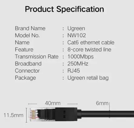 Патч корд Ugreen сетевой кабель 1000 Mбит\с Ethernet RJ45 Cat 6 круглый 2М Black (NW102) 20160 - Фото 6 Патч корд Ugreen сетевой кабель 1000 Mбит\с Ethernet RJ45 Cat 6 круглый 2М Black (NW102) 20160 - изображение 6