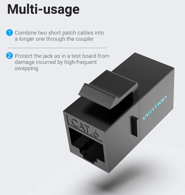 З'єднувач витої пари RJ45 Vention IPVW0 Cat6 Cat5e роз'єм-подовжувач Ethernet Black - Фото 4 З'єднувач витої пари RJ45 Vention IPVW0 Cat6 Cat5e роз'єм-подовжувач Ethernet Black - зображення 4