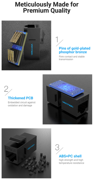 З'єднувач витої пари RJ45 Vention IPVW0 Cat6 Cat5e роз'єм-подовжувач Ethernet Black - Фото 5 З'єднувач витої пари RJ45 Vention IPVW0 Cat6 Cat5e роз'єм-подовжувач Ethernet Black - зображення 5