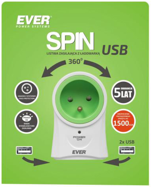 Listwa przeciwprzepięciowa EVER SPIN USB 1 gniazdo (T/LZ10-SPI000/0000) - obraz 3