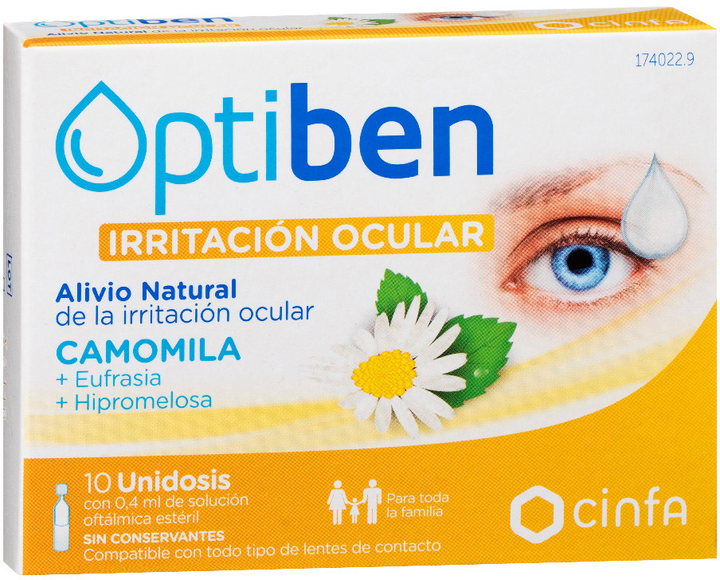 Krople do oczu Cinfa Optiben For Irritated Eyes Eye Droplet 10 Ampoules (8470001740229) - obraz 1