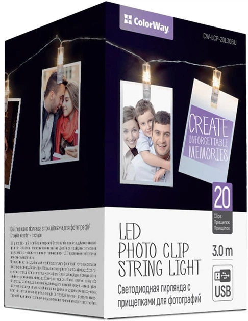 Светодиодная гирлянда ColorWay с прищепками для фото 20 LED/3M USB (CW-LCP-20L30BU) - Фото 1 Светодиодная гирлянда ColorWay с прищепками для фото 20 LED/3M USB (CW-LCP-20L30BU) - изображение 1