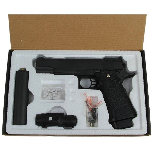 G6A Страйкбольний пістолет Galaxy Colt M1911 Hi-Capa з глушником та прицілом метал чорний - зображення 2