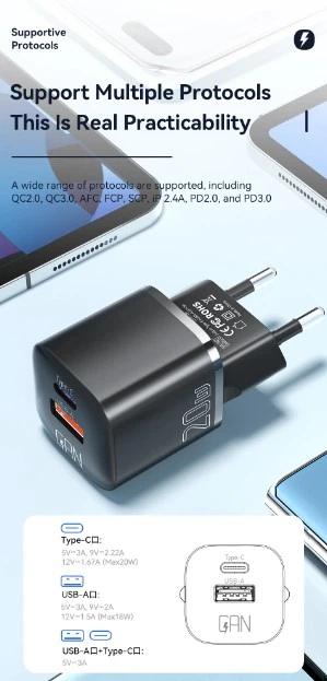 20W швидка зарядка. Зарядний пристрій, 2USB PD QC3.0 type-C для Samsung, Iphone, Apple, Xiaomi та ін. Essager чорний. - зображення 7