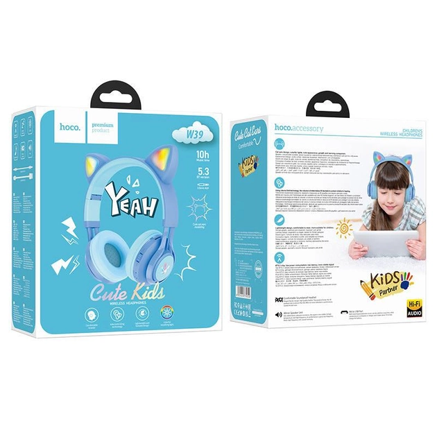 Бездротові навушники Hoco W39 | Bluetooth 5.3, AUX, 10H, RGB підсвічування | котячі вушка Blue - Фото 3 Бездротові навушники Hoco W39 | Bluetooth 5.3, AUX, 10H, RGB підсвічування | котячі вушка Blue - зображення 3