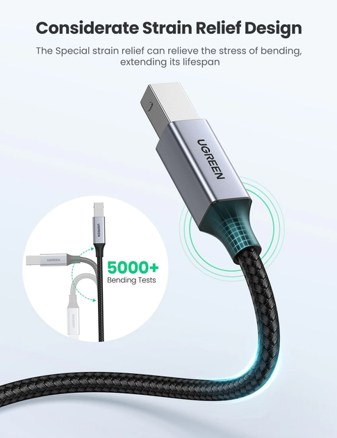 Кабель USB-C to USB type B 2.0 Ugreen US370 Printer Cable Black (80807) - изображение 5