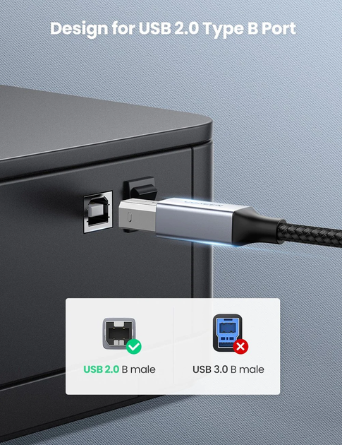 Кабель USB-C to USB type B 2.0 Ugreen US370 Printer Cable Black (80807) - изображение 6