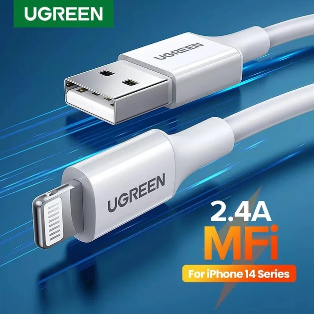 Кабель Lightning MFI UGREEN US155 для iPhone 2.4A 480Mbps 0.5м White (80313) - Фото 2 Кабель Lightning MFI UGREEN US155 для iPhone 2.4A 480Mbps 0.5м White (80313) - изображение 2