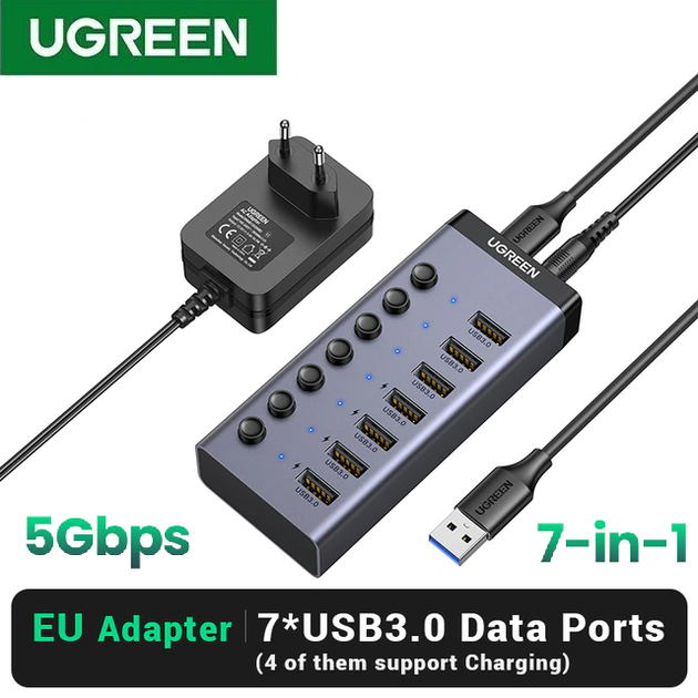 Концентратор USB 3.0 UGREEN CM481 HUB з додатковим живленням USB Type-C 7in1 Black (90307) - зображення 2