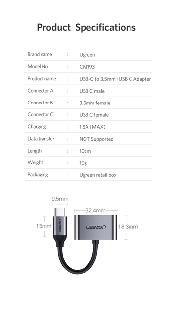 Адаптер AUDIO перехідник 2в1 Ugreen CM193 USB Type-C mini Jack 3.5mm Чорний (70606) - зображення 10