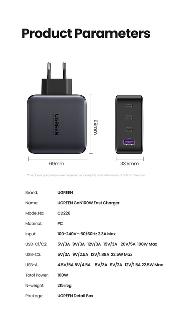 Зарядное устройство GaN X 100W Ugreen CD226 Fast Charger 4 USB PD QC3.0 QC4.0 FCP 3C1A Black (40747) - Фото 11 Зарядное устройство GaN X 100W Ugreen CD226 Fast Charger 4 USB PD QC3.0 QC4.0 FCP 3C1A Black (40747) - изображение 11