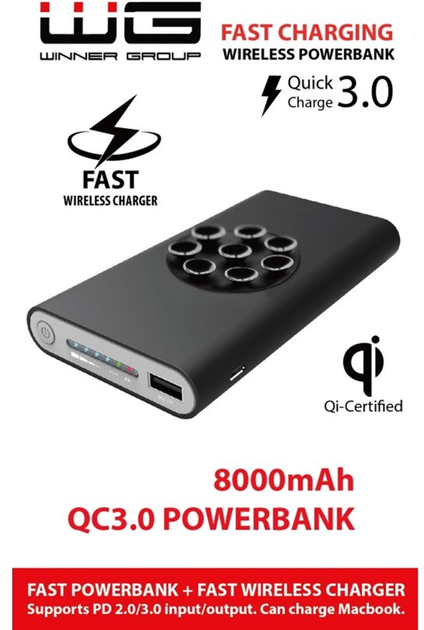 Powerbank Winner Group 8000 mAh Fast Wireless Charger with QC 3.0 10W Black (8591194086274) - obraz 2