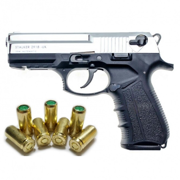 Стартовый шумовой пистолет Stalker 2918 UK Shiny Chrome + 20 шт холостых патронов (9 mm) - изображение 1