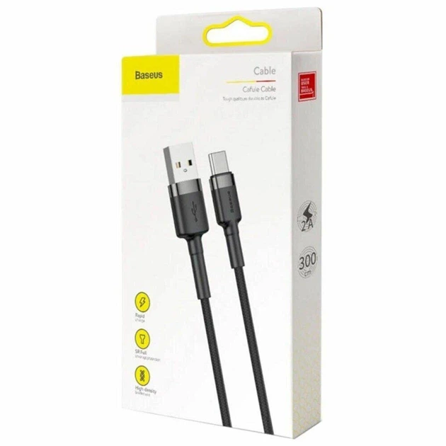 Кабель Baseus cafule Cable USB For Type-C 2A 3m Gray+Black - изображение 5