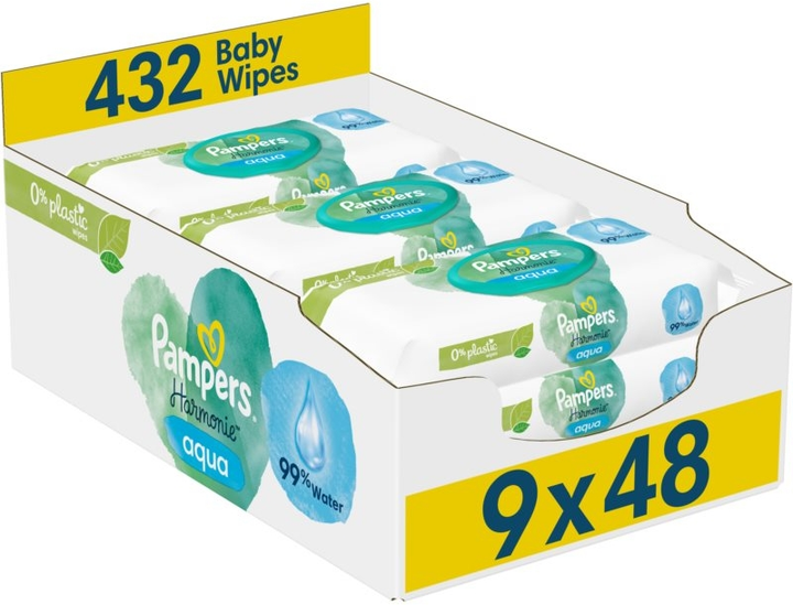 Вологі серветки Pampers Harmonie Aqua Baby Wipes 9 x 48 шт (8006540811245) - зображення 1