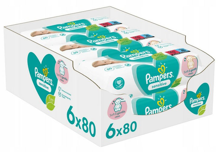 Вологі серветки Pampers Sensitive Baby Wipes 6 x 80 шт (8006540174531) - зображення 1