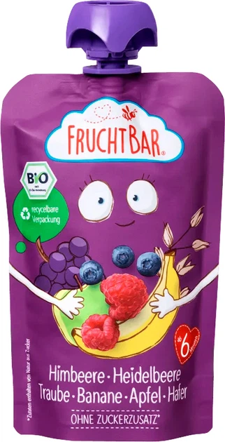 Фруктовое пюре Frucht Bar Малина, черника, виноград, банан, яблоко, овес 100 г (4260133238190) - Фото 1 Фруктовое пюре Frucht Bar Малина, черника, виноград, банан, яблоко, овес 100 г (4260133238190) - изображение 1