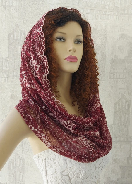 Круговий платок до церкви Lady Solomia 60х110см бордовий RC83 - Фото 2 Круговий платок до церкви Lady Solomia 60х110см бордовий RC83 - зображення 2