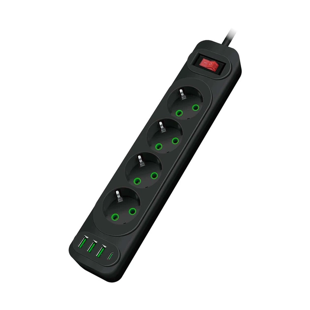 Фільтр мережі Voltronic 4 розетки EU 3 USB PD 2500 Вт 2 м чорний - Фото 1 Фільтр мережі Voltronic 4 розетки EU 3 USB PD 2500 Вт 2 м чорний - зображення 1
