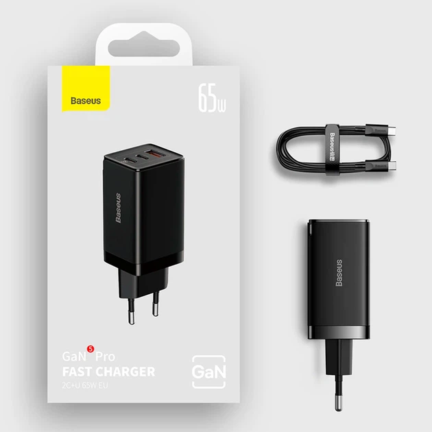 Сетевое зарядное устройство Baseus GaN5 Pro 65W (2xType-C+USB) Черный (1013-023-00) - изображение 2