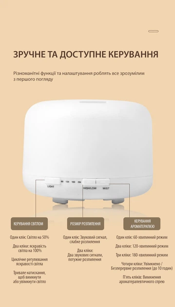 Ультразвуковий зволожувач 500 мл нічник 7 підсвічування дифузор ефірної олії для ароматерапії Axacam LF-500 - зображення 7