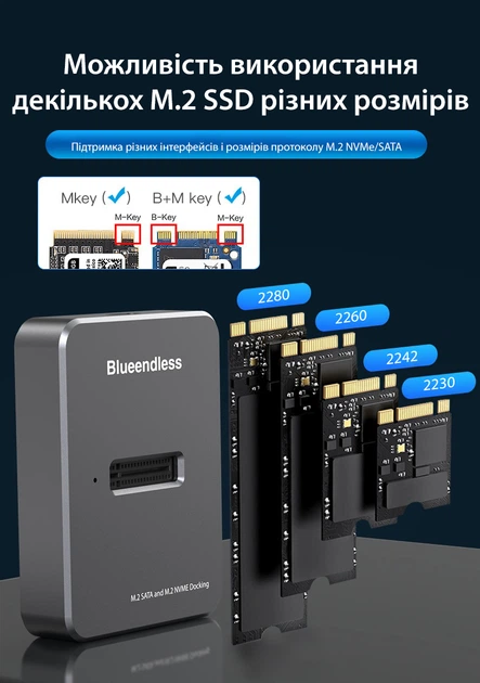 Док-станція кишеню для M.2 SSD NVMe (PCIe) / NGFF (Sata) Type-C USB 3.1 Gen 2 Blueendless SD03 - зображення 2
