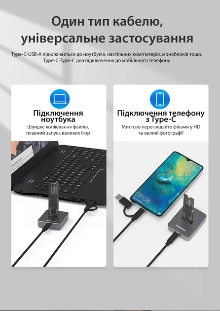Док-станція кишеню для M.2 SSD NVMe (PCIe) / NGFF (Sata) Type-C USB 3.1 Gen 2 Blueendless SD03 - зображення 5