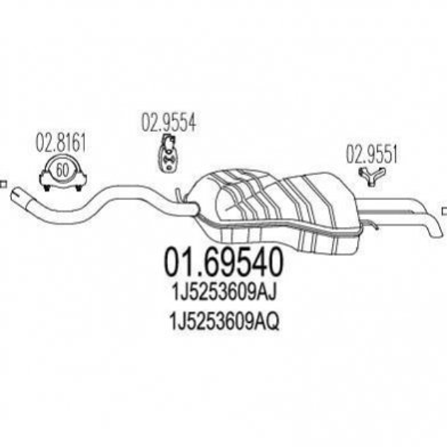 Глушитель MTS 0169540 Skoda Octavia; Volkswagen Golf, Bora; Seat Toledo 1J5253609AJ, 1J5253609AQ, 1J5253609BB - изображение 1