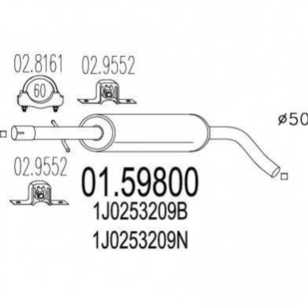 Глушитель средний MTS 0159800 Volkswagen Golf, Bora; Seat Toledo, Leon; Audi A3; Skoda Octavia 1J0253209B, 1J0253209N - изображение 1