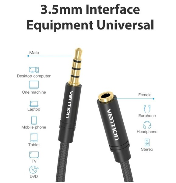Удлинитель Audio Aux 3.5мм-3.5мм M/F Vention gold-plated 5m Black (VAB-B06-B500-M) - изображение 4