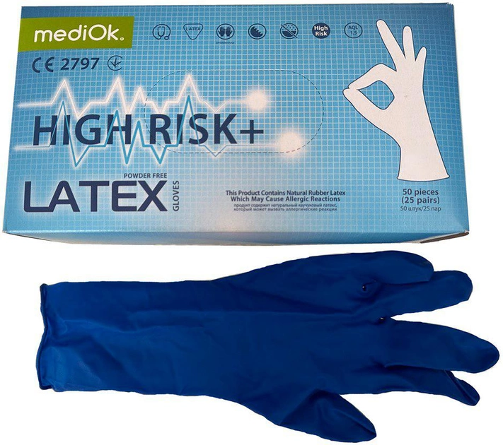 Рукавички латексні неопудрені Mediok High Risk двосторонні Розмір S 50 шт Сині (4044941730745) - зображення 1
