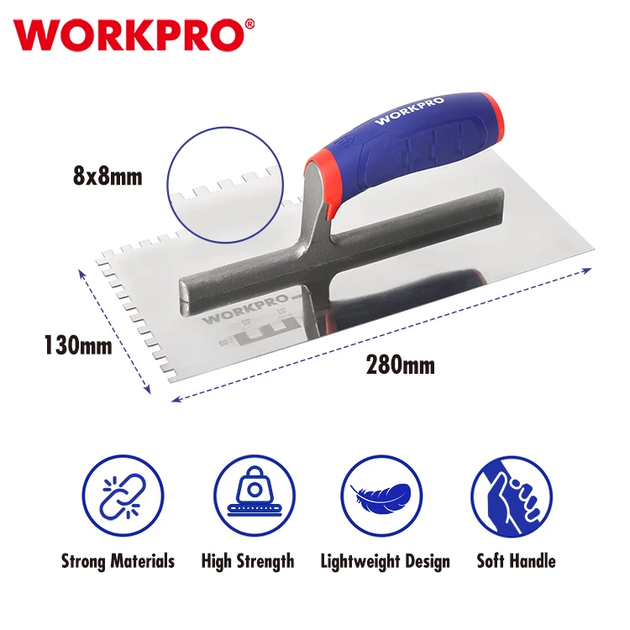Гладилка зубчаста WORKPRO 8*8 мм, 280×130 мм, нержавіюча сталь, м'яка ручка PRO WP323002 - Фото 2 Гладилка зубчаста WORKPRO 8*8 мм, 280×130 мм, нержавіюча сталь, м'яка ручка PRO WP323002 - зображення 2