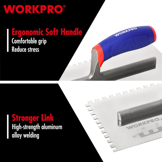 Гладилка зубчаста WORKPRO 8*8 мм, 280×130 мм, нержавіюча сталь, м'яка ручка PRO WP323002 - Фото 3 Гладилка зубчаста WORKPRO 8*8 мм, 280×130 мм, нержавіюча сталь, м'яка ручка PRO WP323002 - зображення 3