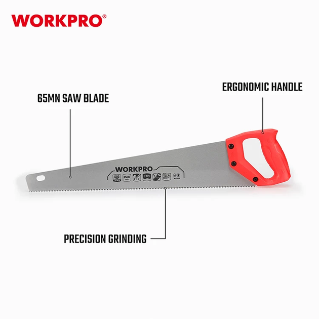 Ножівка по дереву WORKPRO 500 мм 7TPI WP215003 - Фото 2 Ножівка по дереву WORKPRO 500 мм 7TPI WP215003 - зображення 2