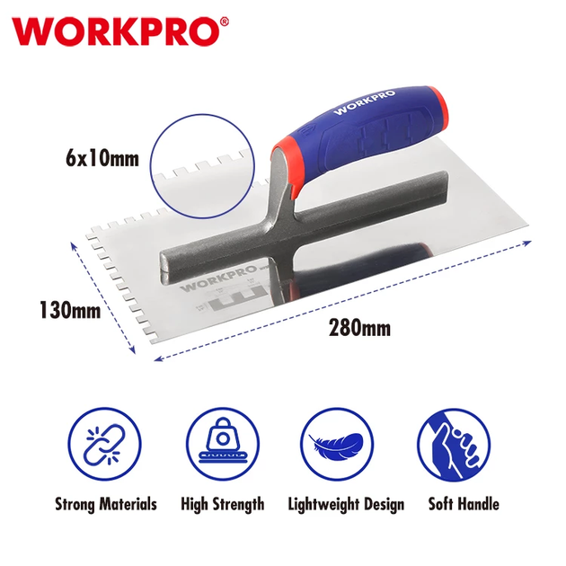 Гладилка зубчаста WORKPRO 6*6 мм, 280×130 мм, нержавіюча сталь, м'яка ручка PRO WP323001 - Фото 2 Гладилка зубчаста WORKPRO 6*6 мм, 280×130 мм, нержавіюча сталь, м'яка ручка PRO WP323001 - зображення 2