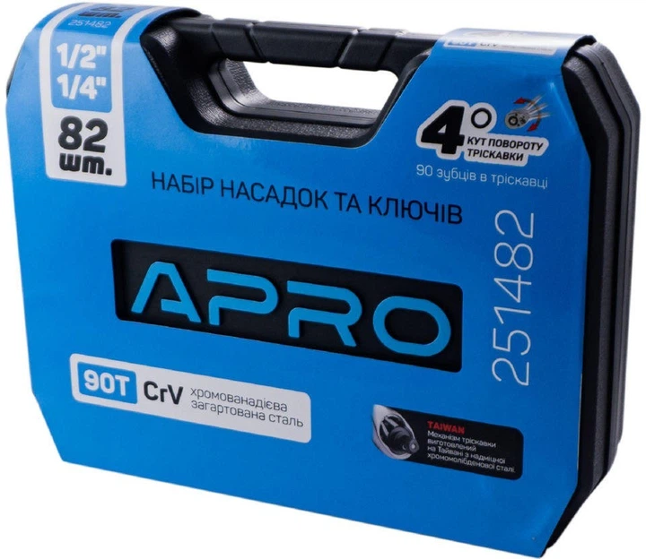 Набор инструментов Apro 82 ед Cr-V трещотки 1/4" 1/2" 90T торцевые головки 4-32 мм биты SL PH PZ Torx Hex удлинители кардан кейс (000078506) - Фото 15 Набор инструментов Apro 82 ед Cr-V трещотки 1/4" 1/2" 90T торцевые головки 4-32 мм биты SL PH PZ Torx Hex удлинители кардан кейс (000078506) - изображение 15