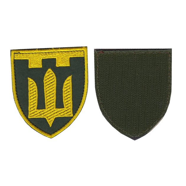 Шеврон патч на липучке Трезубец щит желтый Территориальная оборона, на оливковом фоне, 7*8см. - изображение 1