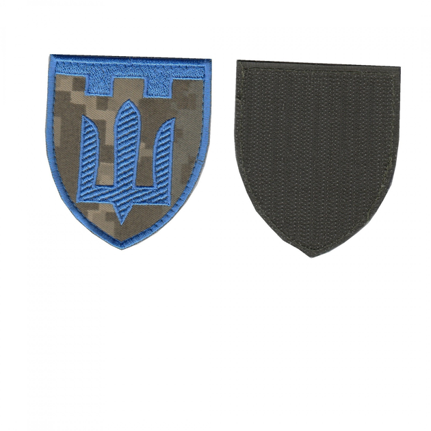 Шеврон патч на липучке Трезубец щит синий Территориальная оборона, на пиксельном фоне, 7*8см. - изображение 1