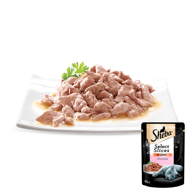 Упаковка влажного корма для кошек Sheba Корм Selection Slices с лососем в соусе 24 шт. * 85 г - Фото 3 Упаковка влажного корма для кошек Sheba Корм Selection Slices с лососем в соусе 24 шт. * 85 г - изображение 3