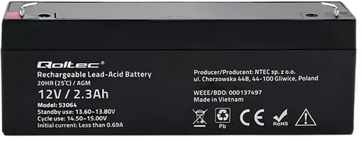 Акумуляторна батарея Qoltec AGM 12V-2.3Ah 34.5A (5901878530642) - зображення 3