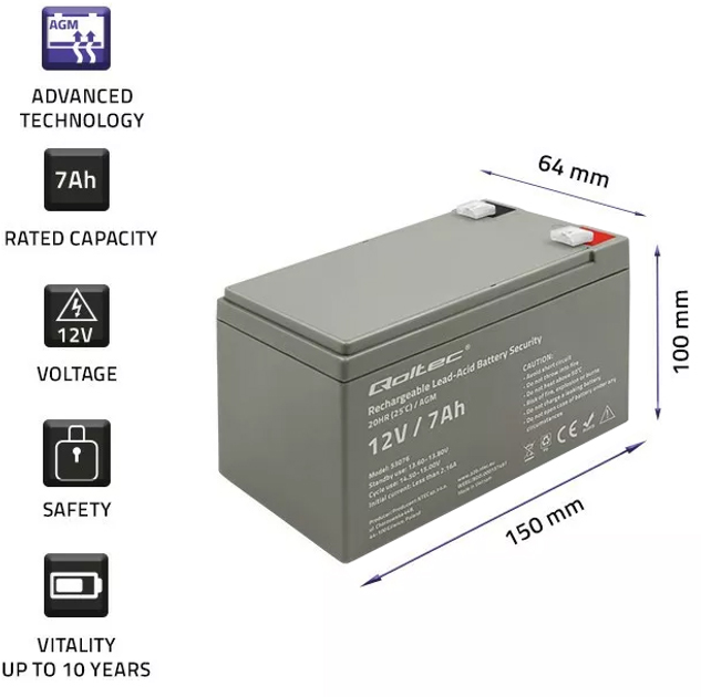 Akumulator Qoltec AGM 12V-7Ah 105A Security (5901878530765) - obraz 6