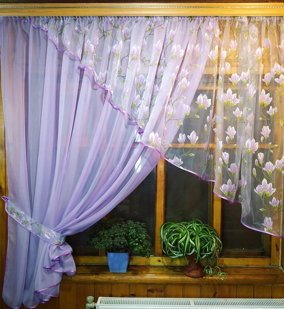 Занавеска кухонная готовая короткая Анжелика сирень сиреневая веточка левая 400*170 см - изображение 6